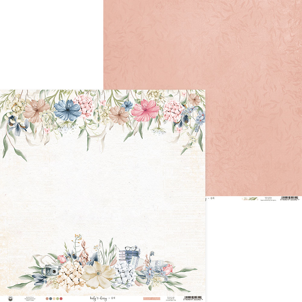 Folha dupla de papel para scrapbooking com flores pastéis e fundo branco, verso rosa com padrão texturado