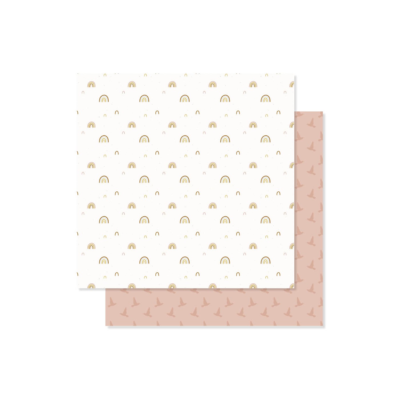 Duas folhas de papel com padrões distintos, uma com arcos-íris dourados em fundo branco e outra com aves rosa em fundo rosa claro