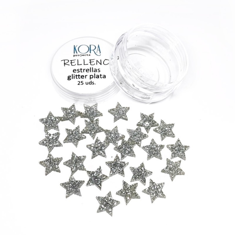 Pacote transparente com 25 estrelas pequenas prateadas com glitter