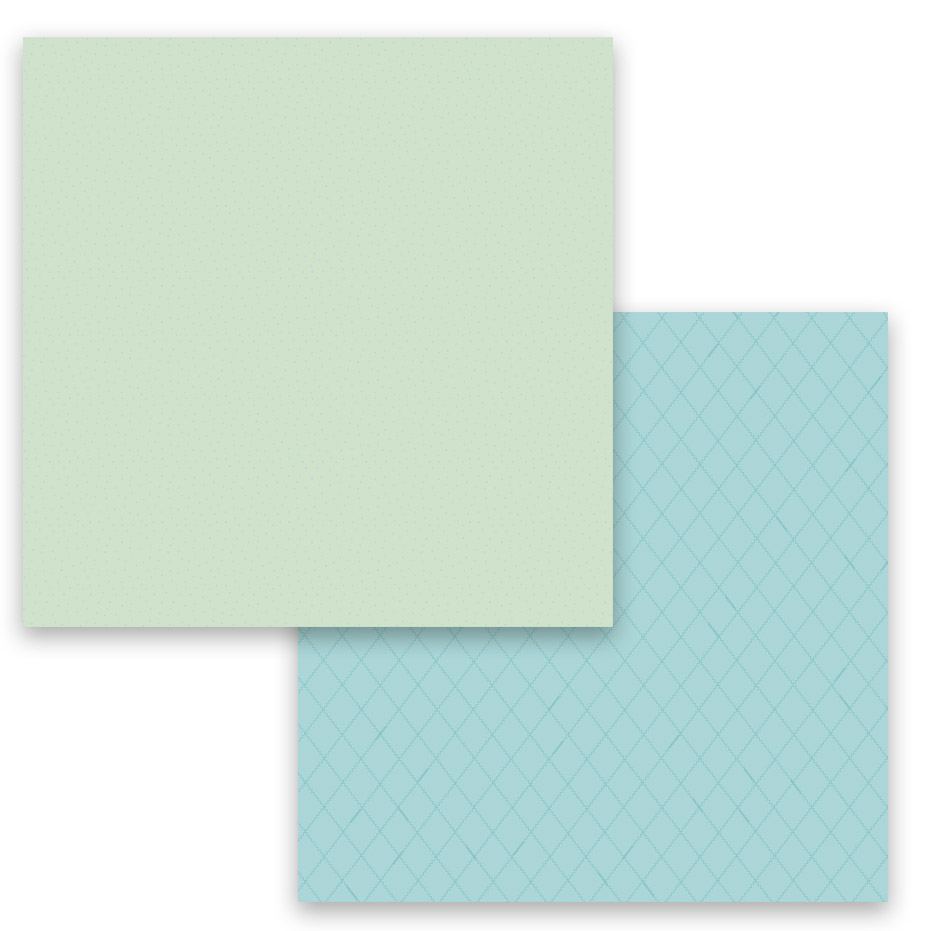 Dois papéis decorativos quadrados, um verde claro e um azul com padrão de losangos.