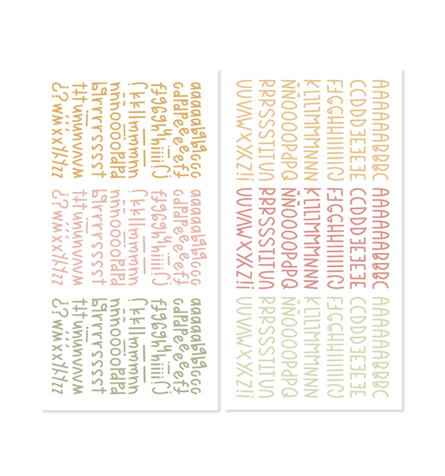 Alfabetos e caracteres coloridos organizados em linhas e colunas sobre fundo branco