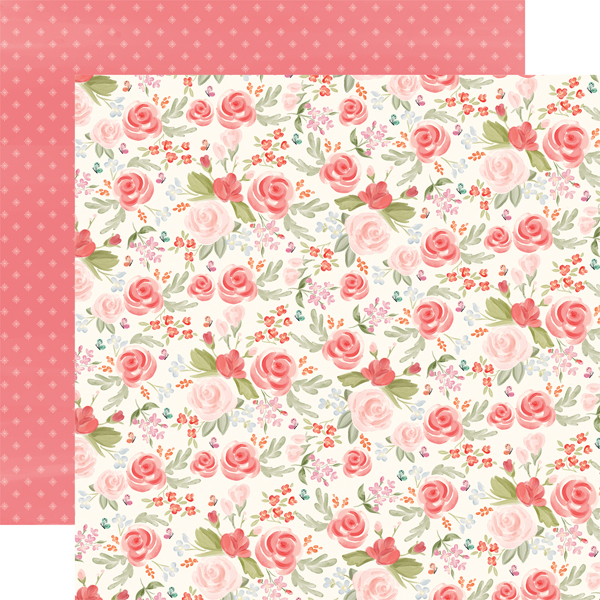 Papel de embrulho flores cor de rosa e verso rosa com pontos brancos