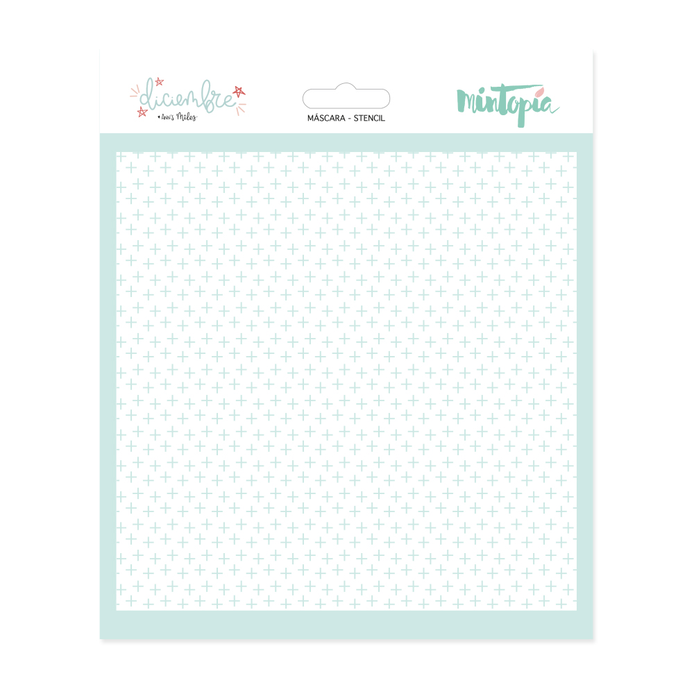 Máscara stencil Mintopía com padrão de cruzes azuis claras em fundo branco