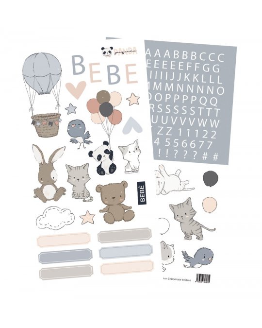 Folhas de autocolantes com desenhos de animais e letras em tons pastel