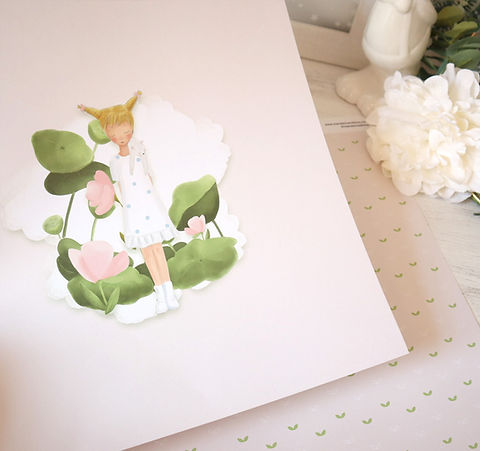 Ilustração de menina com vestido branco e flores cor-de-rosa em fundo branco e rosa