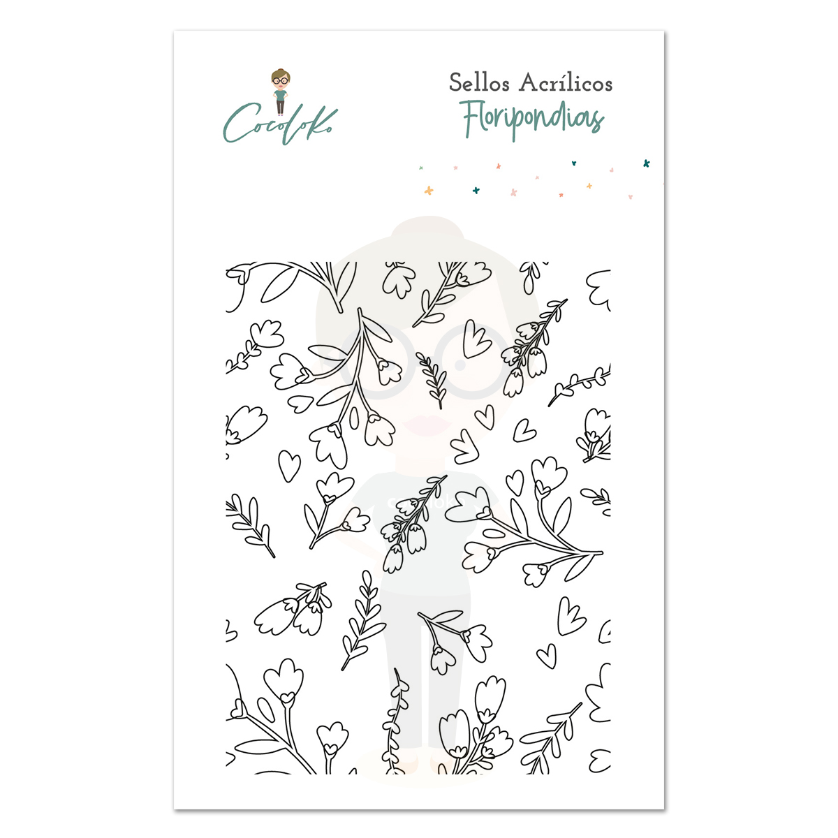 Conjunto de selos acrílicos com padrão de folhas e corações e texto Sellos Acrílicos Floripondias