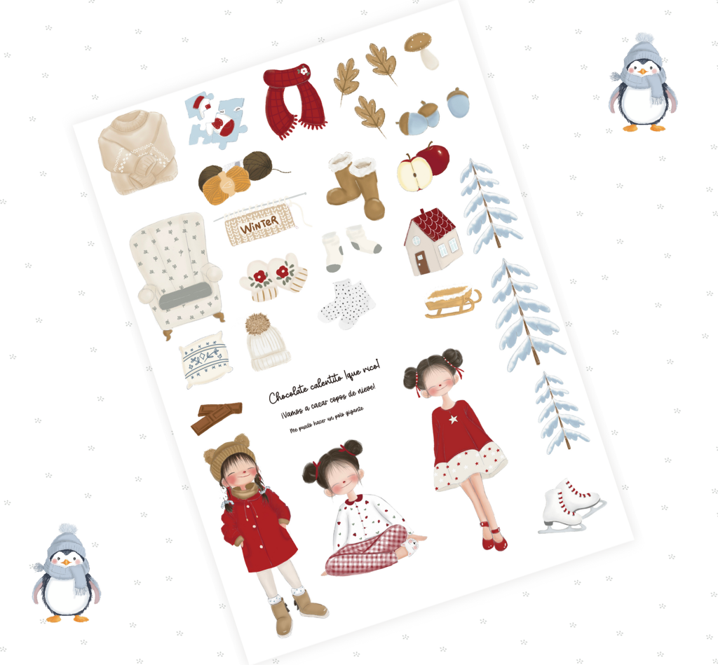 ilustrações variadas de inverno com crianças, objetos, pinguins e decoração sobre fundo branco