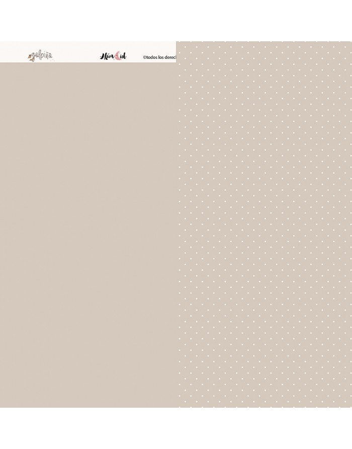 Papel decorativo bege, liso e com padrão de pontos brancos.