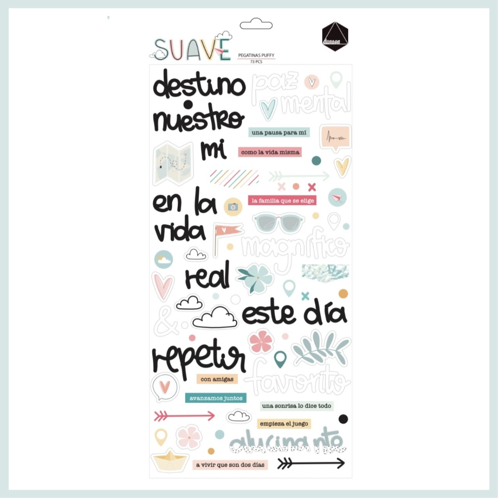 Folha de autocolantes coloridos com frases em castelhano e desenhos pequenos