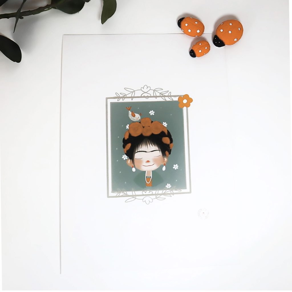 Cartão com ilustração feminina e figuras de joaninhas sobre fundo branco