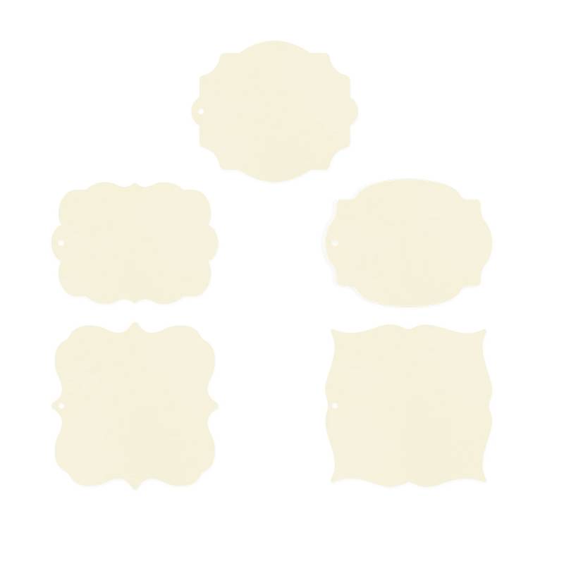 Cinco etiquetas de papel creme com formatos variados