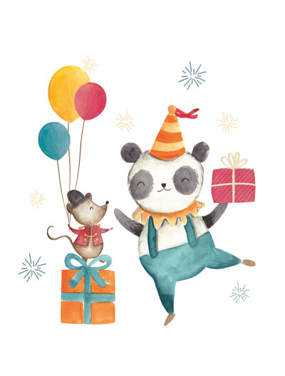 Panda e rato com balões e presentes em ilustração de festa colorida