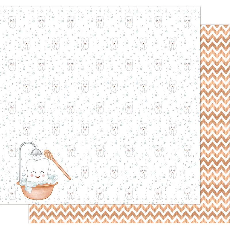 Papel de parede ou tecido com padrão de ursinhos e bolhas e padrão ziguezague laranja e branco no verso