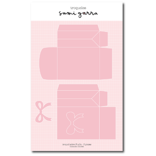 Molde rosa para corte e montagem com desenho de laço e tesoura