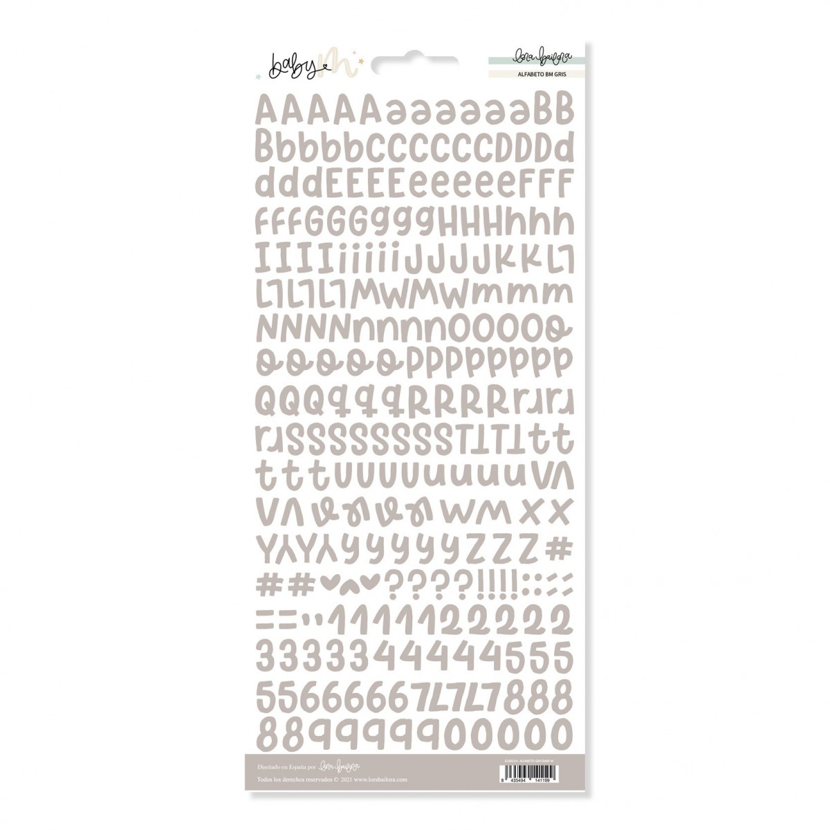 Folha de autocolantes com letras e números bege claro, embalagem com texto 'Belly Bini' e 'Las flores'