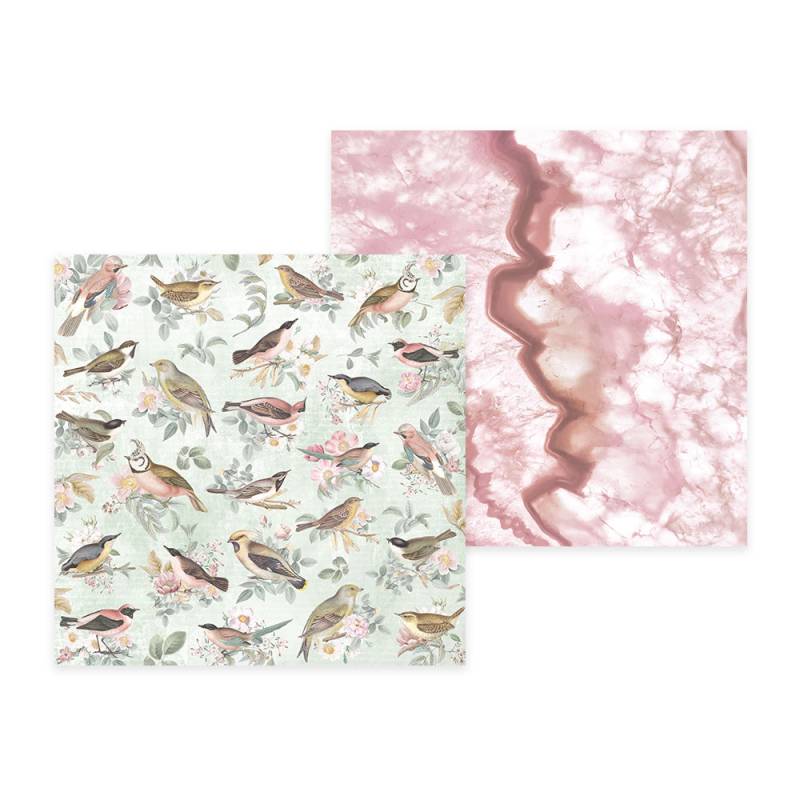 Dois papéis decorativos com padrões de pássaros coloridos e marmorizado rosa