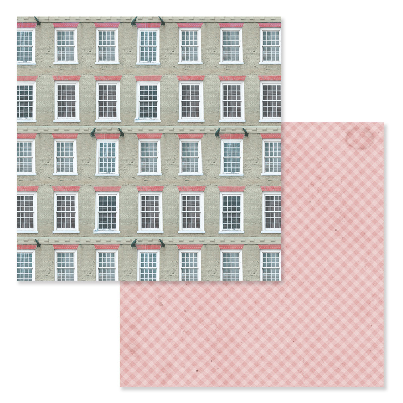 Papel decorativo com padrão de janelas de edifício e padrão xadrez rosa