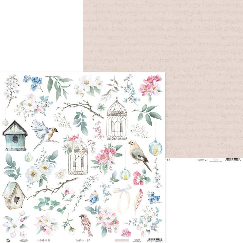 Papel decorativo para scrapbooking com flores, gaiolas e pássaros e fundo bege com padrão