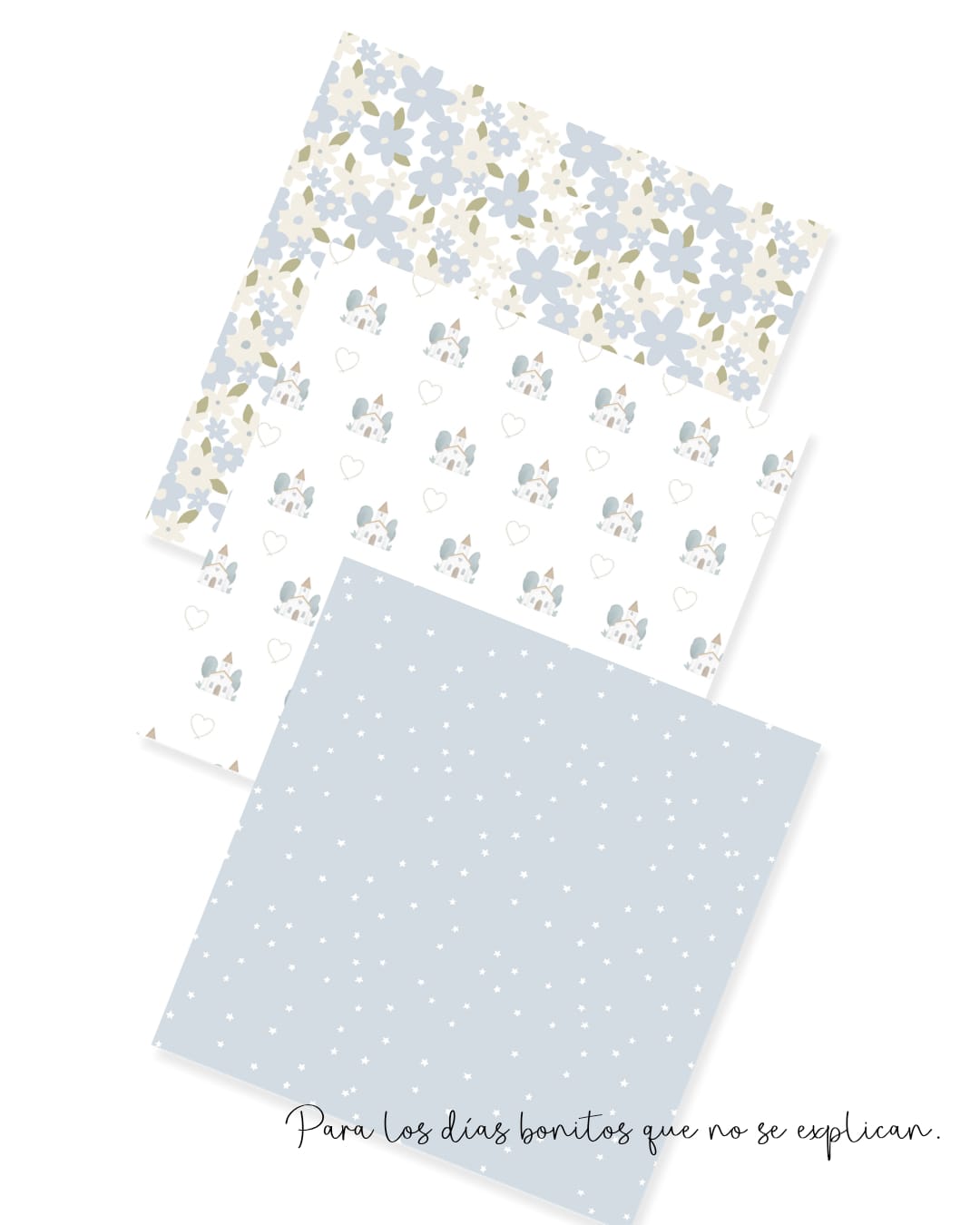 Folhas de papel decorativo com padrões florais, casinhas e estrelas em tons azuis e bege