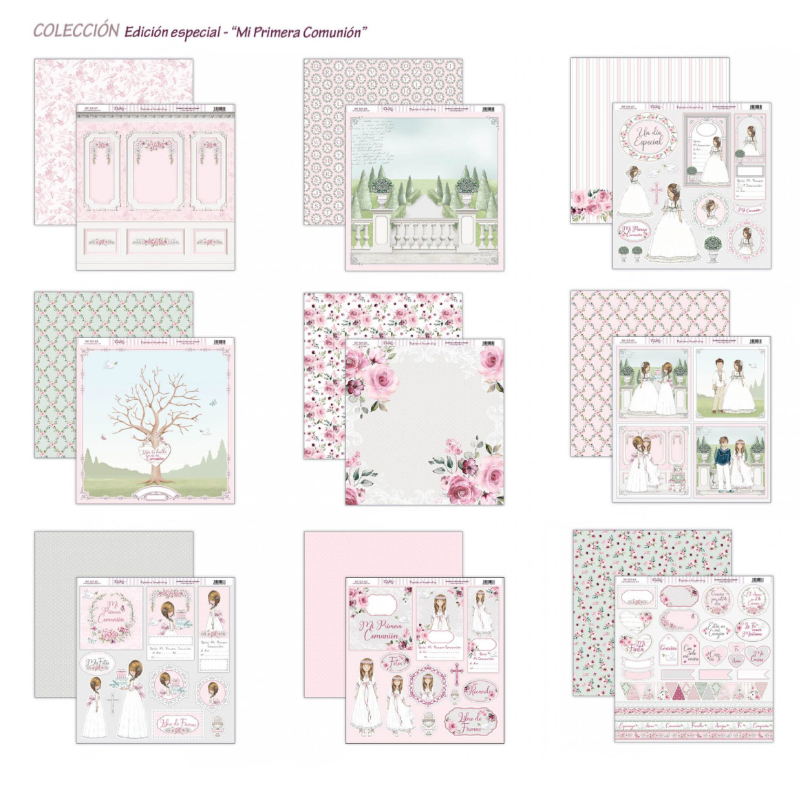 Coleção especial de papelaria com temas de comunhão em rosa, verde e bege, com desenhos de crianças e padrões florais.