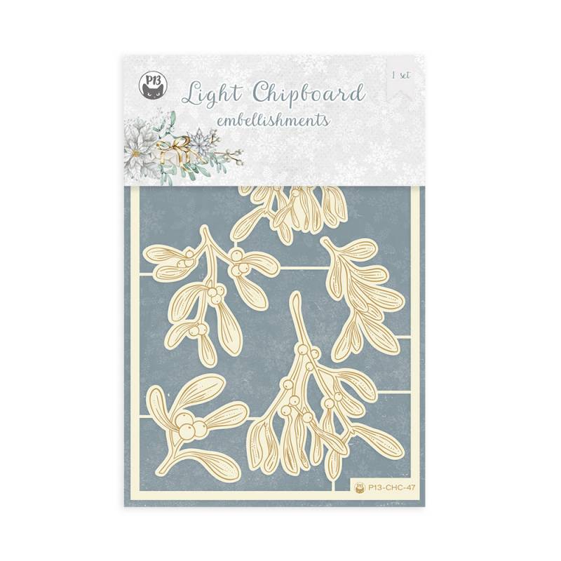 Embellishments de chipboard claro em forma de folhagem, cor bege, embalagem com fundo azul-acinzentado