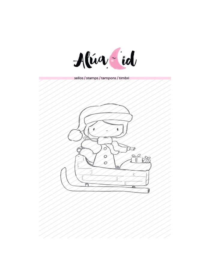 Desenho infantil em preto e branco de criança num trenó com gorro de Natal e presentes