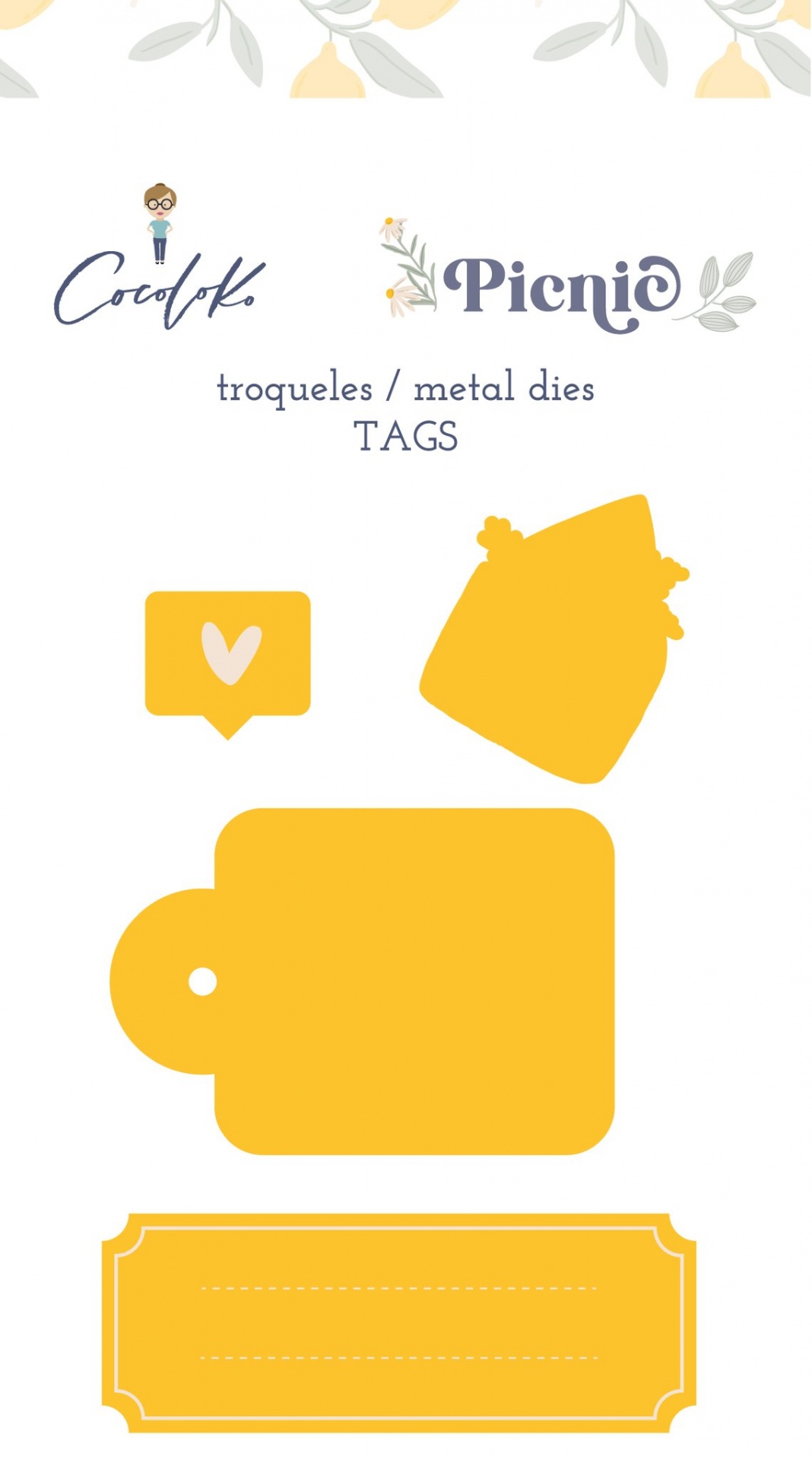 Conjunto de troqueles metálicos amarelos para etiquetas com texto Cookok., Picnic, troqueles / metal dies, TAGS