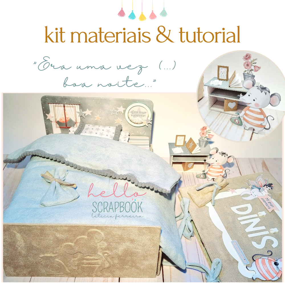 Kit de materiais e tutorial de scrapbook com cama decorativa azul e bege e caixa personalizada com nome DINIS