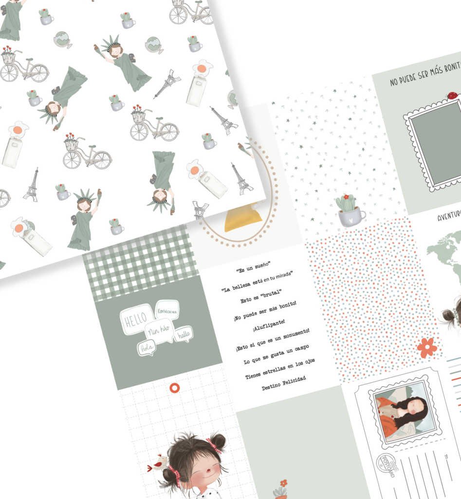 Folha decorativa para scrapbooking com padrões suaves de bicicletas, estátuas da liberdade e ilustrações infantis