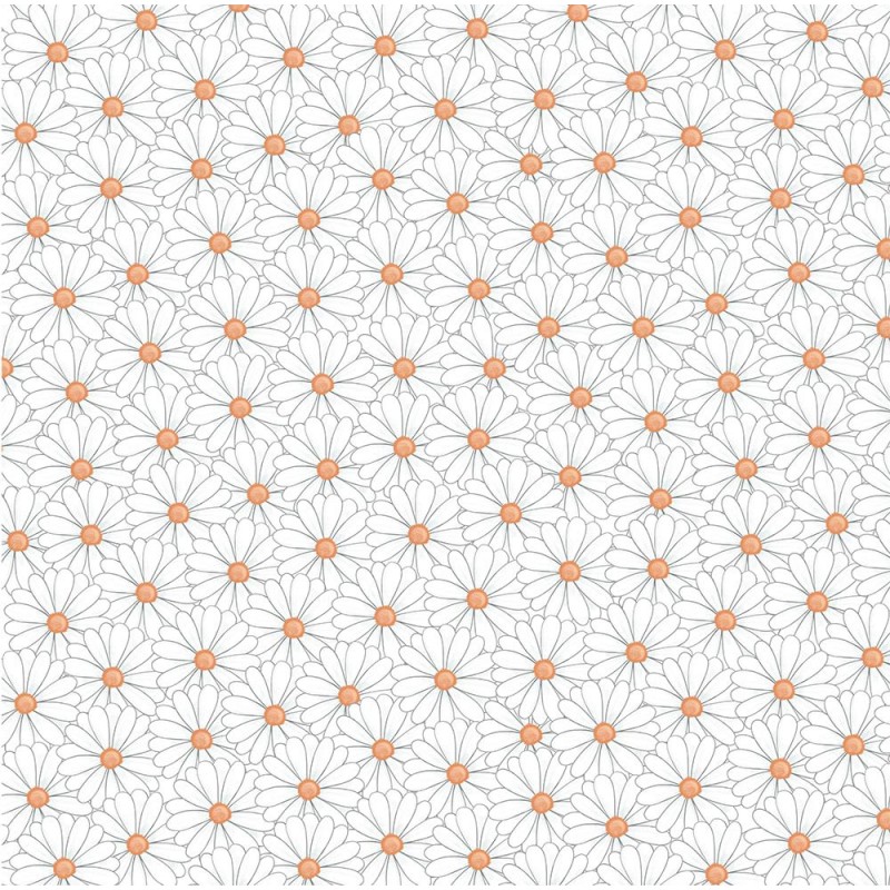 Papel de parede com padrão de flores margueritas em branco e centros laranja