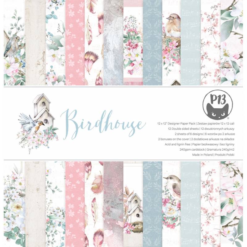 Conjunto de papeis decorativos Birdhouse com estampas florais e de pássaros em tons pastel.