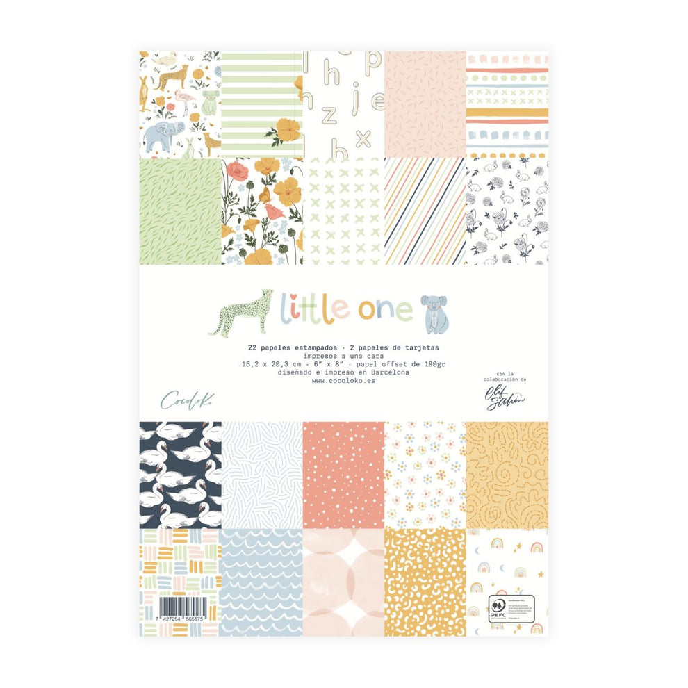 Conjunto de papeis estampados para scrapbooking com padrões variados e texto 'little one'.