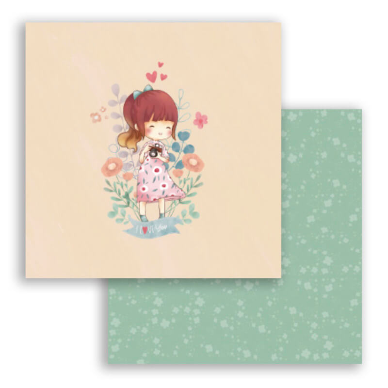 Duas folhas de papel de scrapbooking com ilustração de menina e padrão florido.