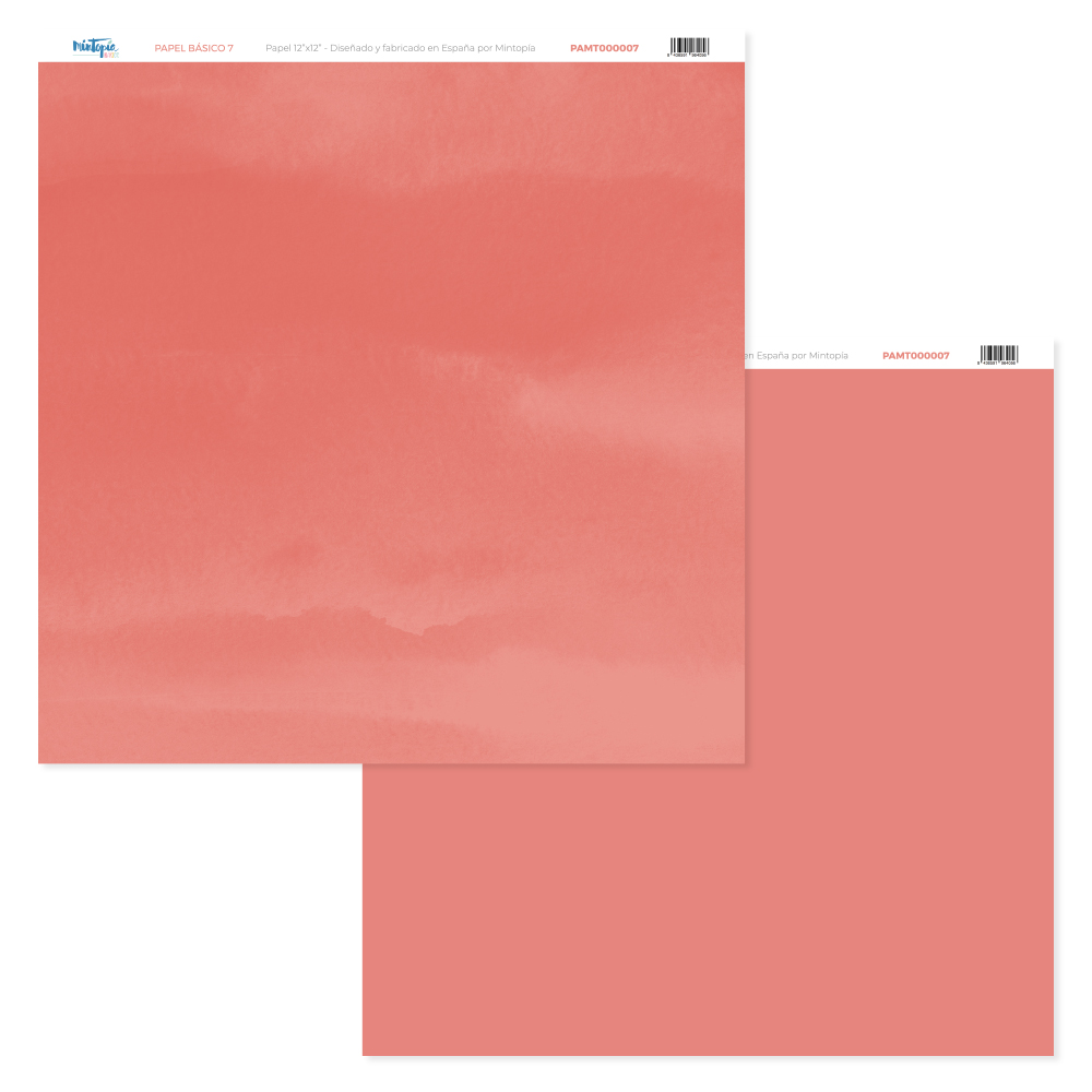 Papel de scrapbook coral com textura dupla face e etiquetas no canto superior