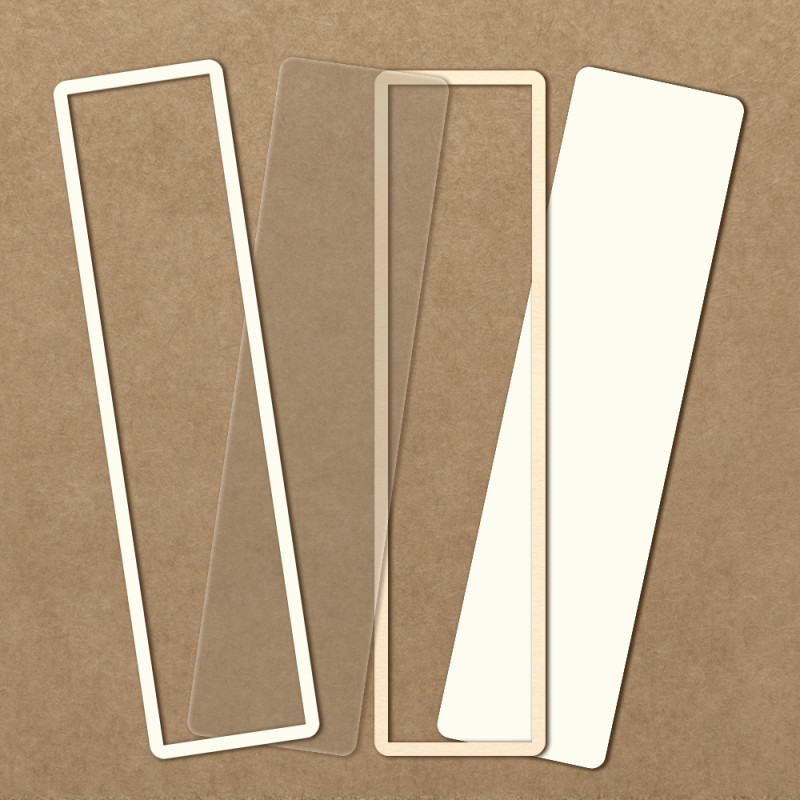 Quatro marcadores de livros retangulares em fundo castanho