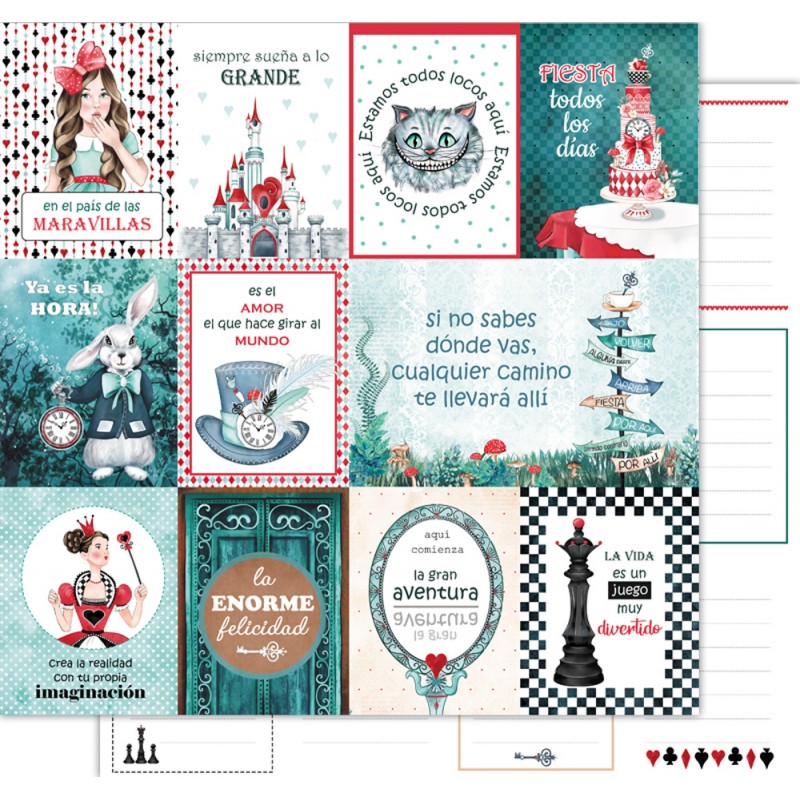 Cartões ilustrados coloridos com frases em espanhol e desenhos variados como coelho, castelo, gato e personagens