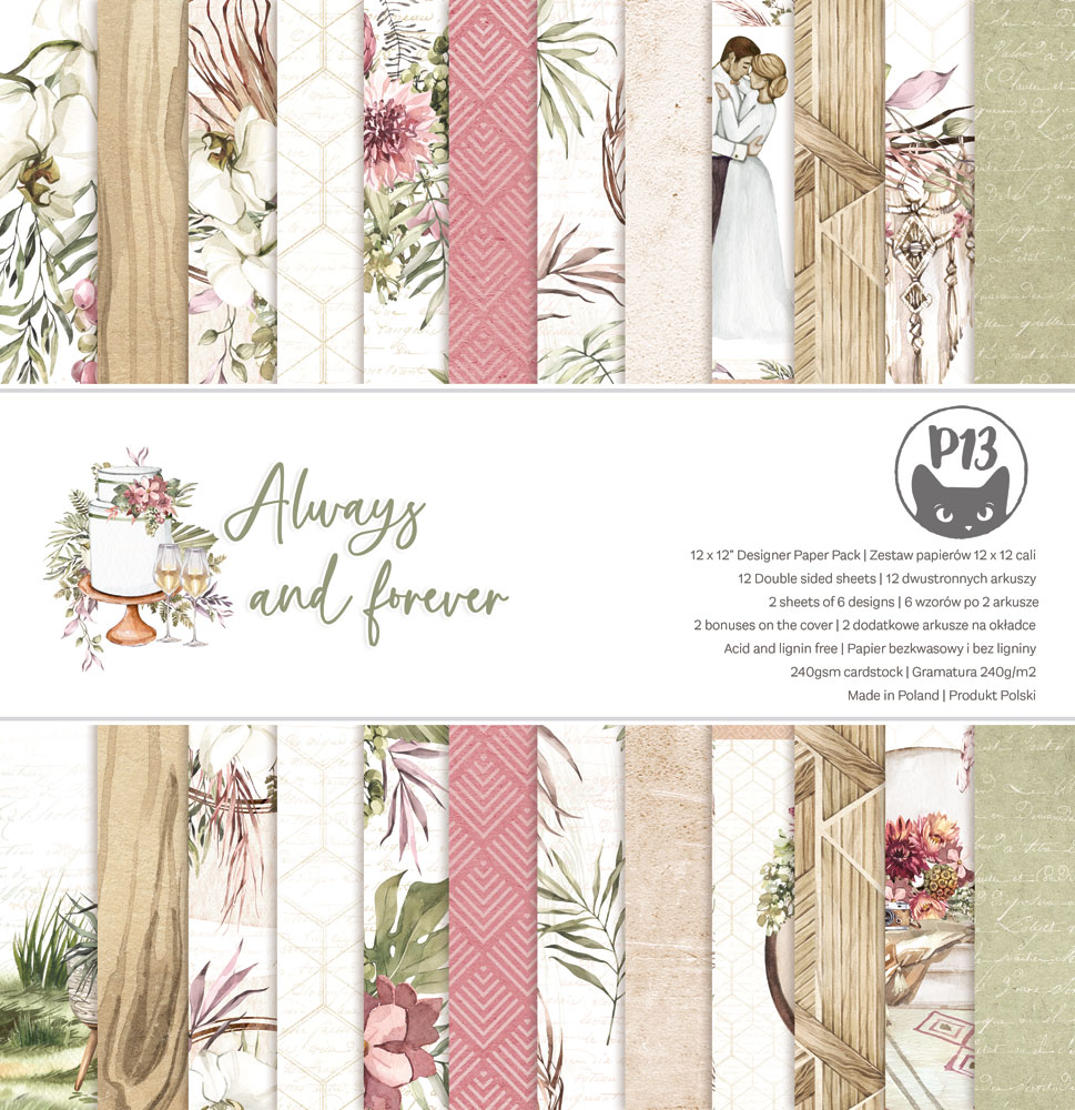 Pack de papel decorativo P13 Always and forever com padrões florais, madeira, figuras e rosa