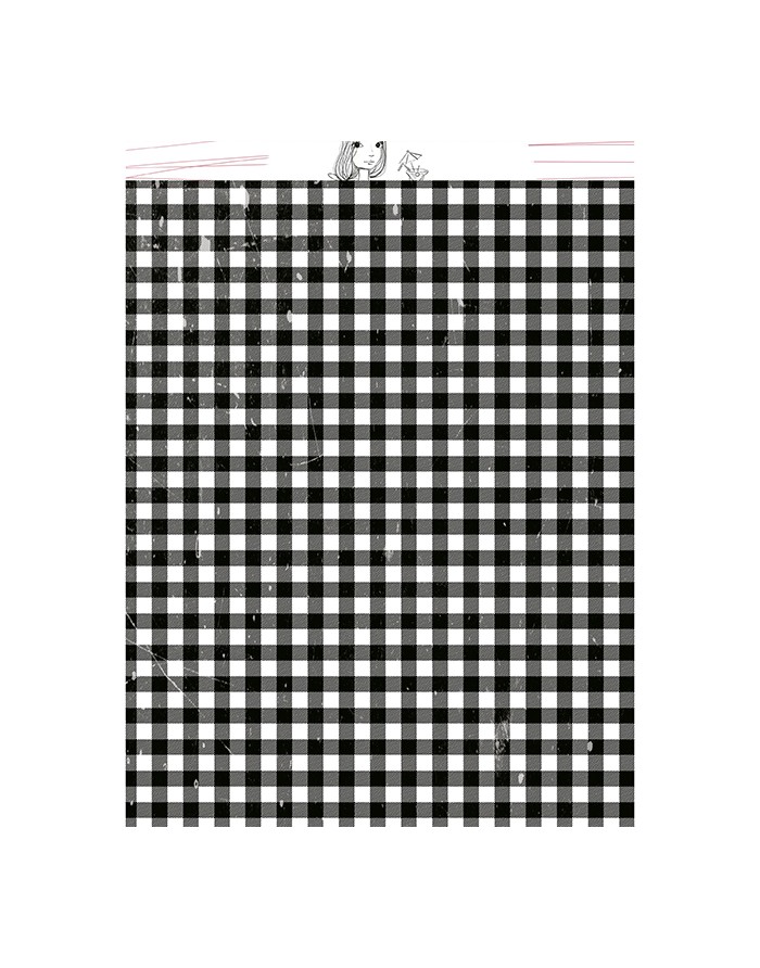 Papel de embrulho xadrez preto e branco com etiqueta ilustrada no topo