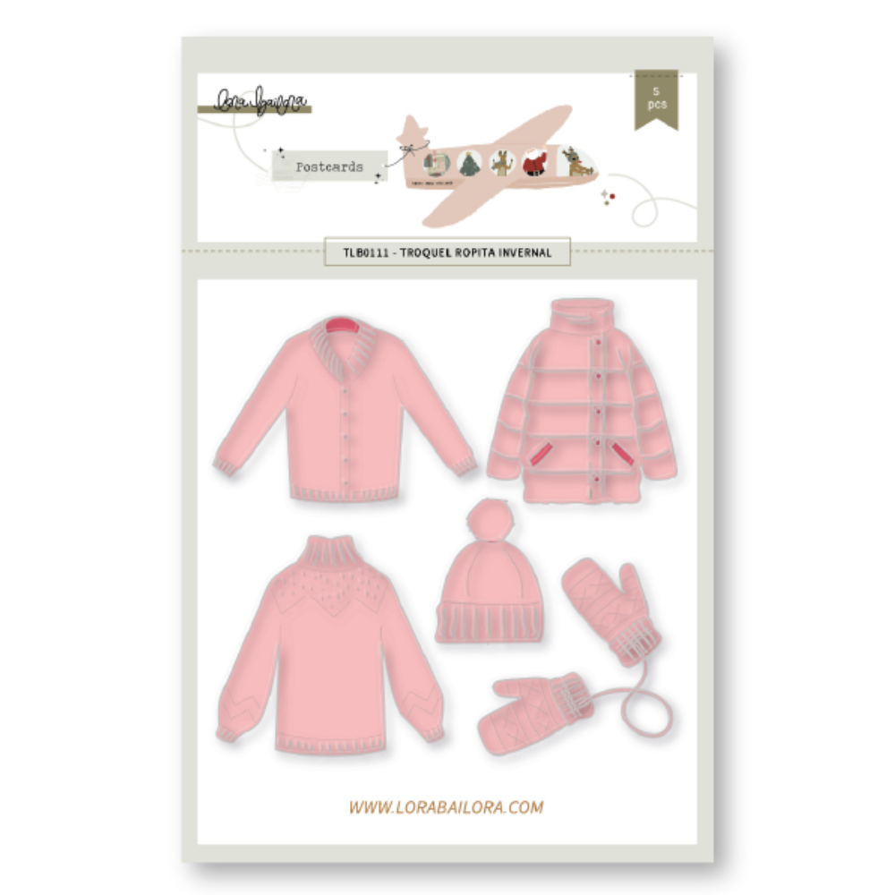 Conjunto de 5 peças de roupa infantil rosa para inverno em ilustração