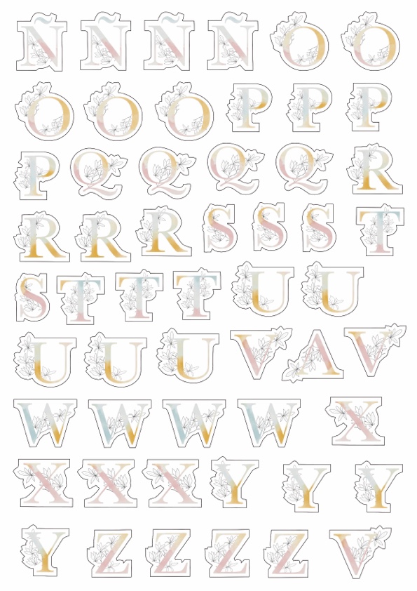 Autocolantes de letras do alfabeto decoradas com flores em branco, dourado e cinzento