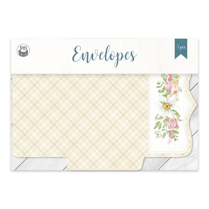 Pack de envelopes decorativos com padrão xadrez e detalhe floral