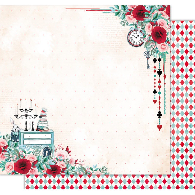 Papel decorativo com flores vermelhas, relógio, chave e padrão de losangos