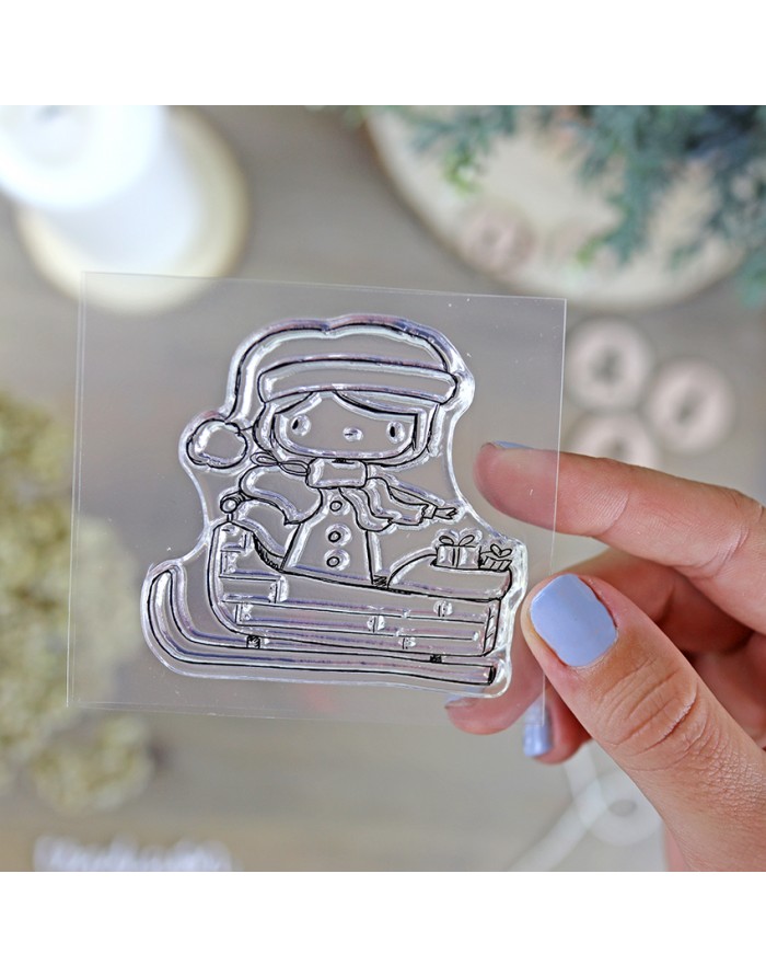 Forma de silicone para carimbo com desenho de criança em trenó de Natal