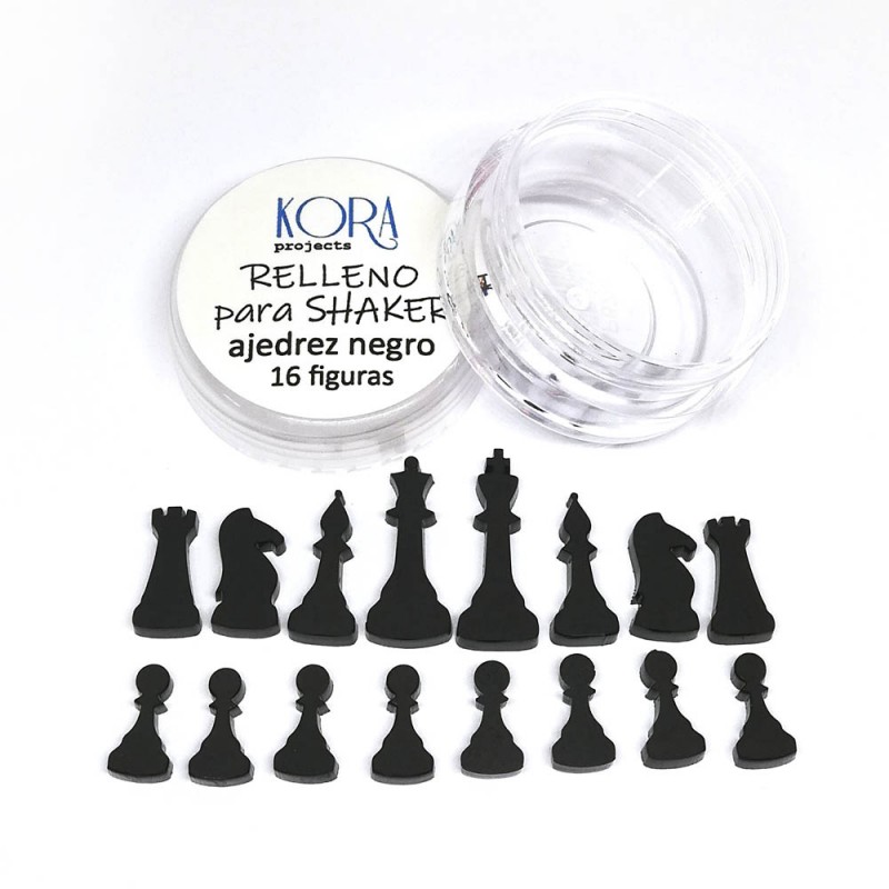 16 pequenas peças de xadrez negras com caixa plástica redonda transparente e tampa branca com texto