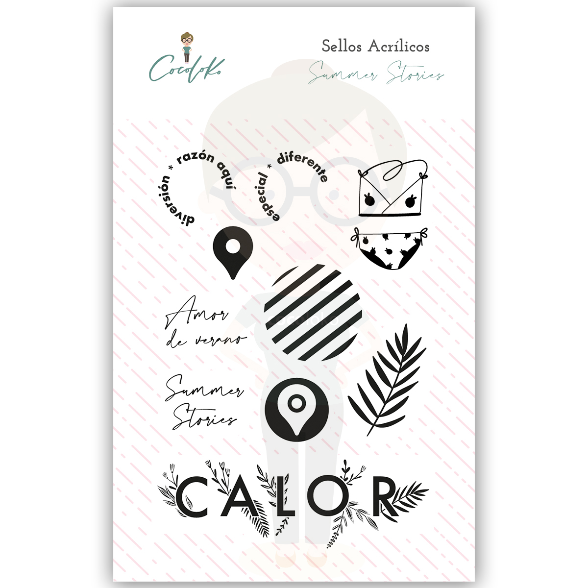 Selos acrílicos 'Summer Stories' com textos e desenhos em preto e branco