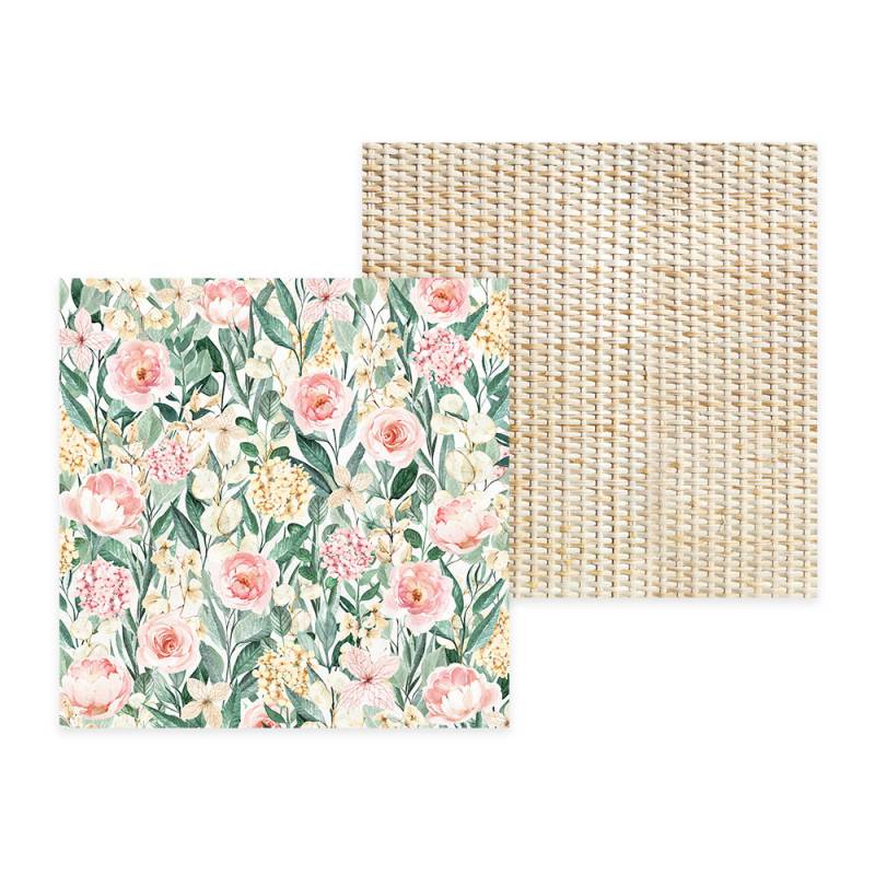 Tecidos quadrados com estampa floral rosa e verde e padrão de textura natural bege