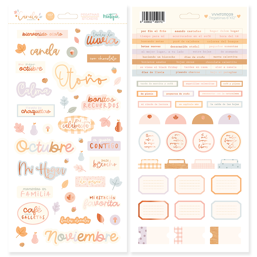 Folhas de autocolantes com temas de outono e texto decorativo em tons quentes