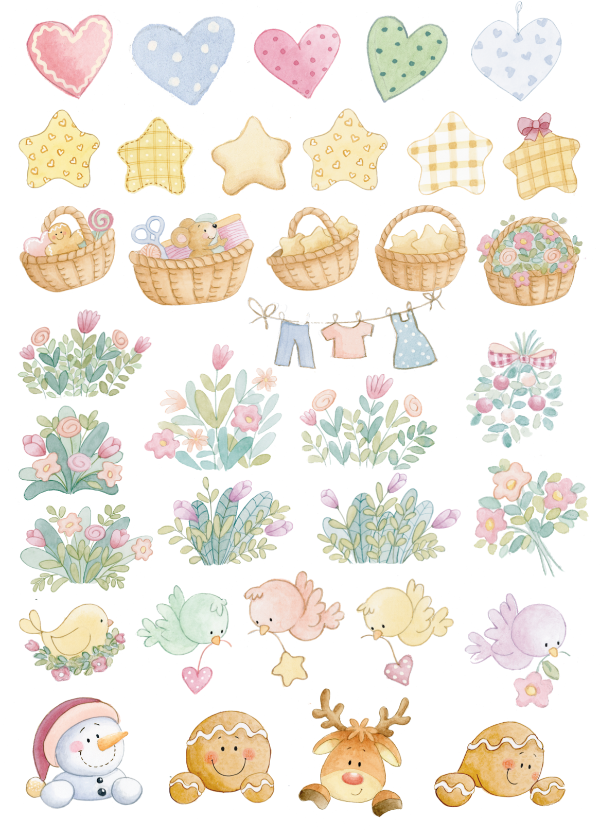 Ilustrações em aquarela de corações, estrelas, cestas, flores, passarinhos, boneco de neve e biscoitos em cores pastéis.