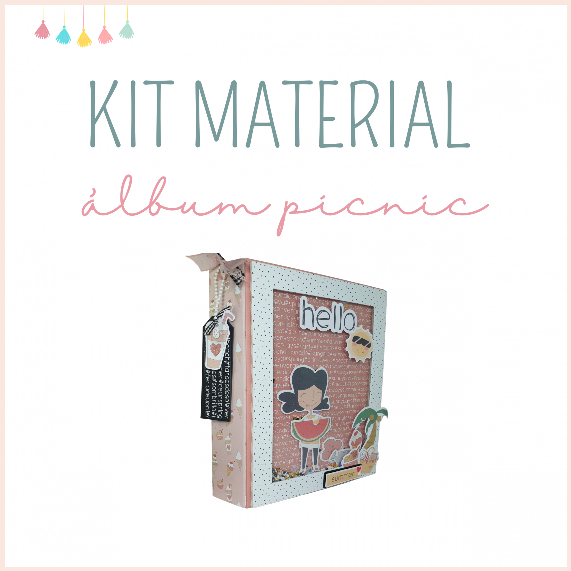 Álbum decorativo 'Kit Material álbum picnic' com ilustrações coloridas e tag pendurada