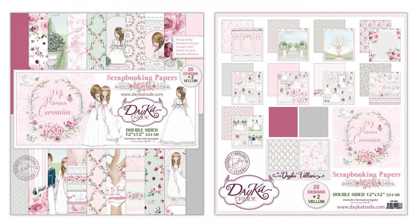 Conjunto de papéis para scrapbooking de primeira comunhão com ilustrações em tons pastéis